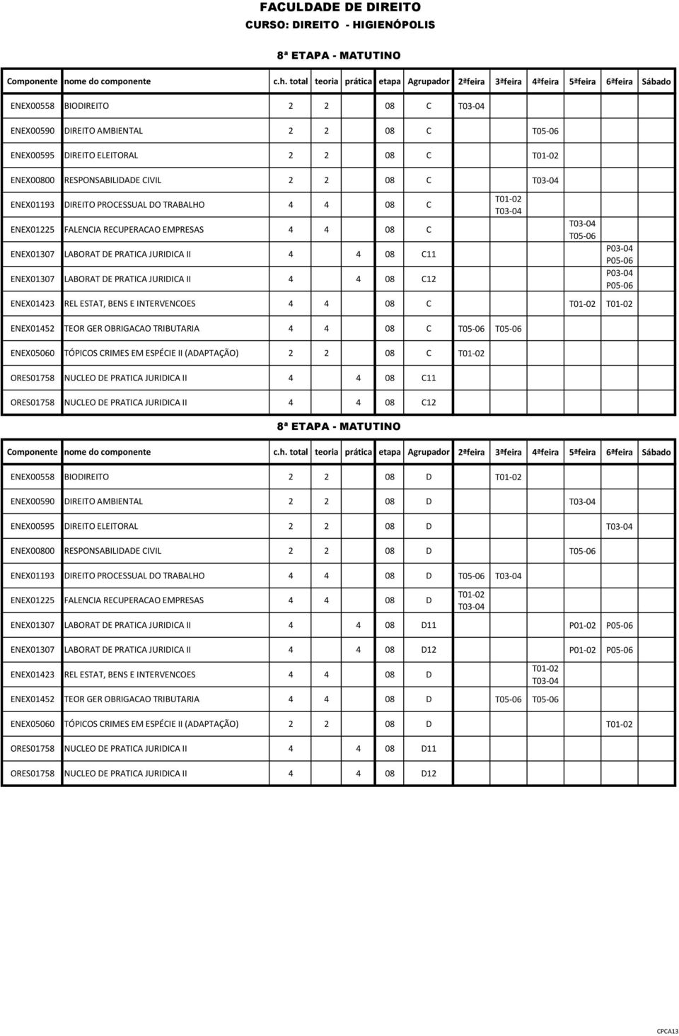 ENEX01423 REL ESTAT, BENS E INTERVENCOES 4 4 08 C ENEX01452 TEOR GER OBRIGACAO TRIBUTARIA 4 4 08 C ENEX05060 TÓPICOS CRIMES EM ESPÉCIE II (ADAPTAÇÃO) 2 2 08 C ORES01758 NUCLEO DE PRATICA JURIDICA II