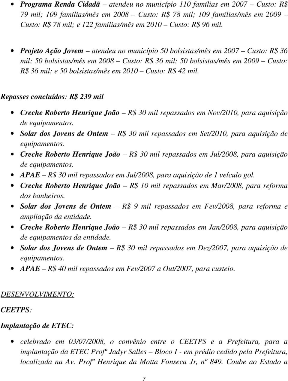 Projeto Ação Jovem atendeu no município 50 bolsistas/mês em 2007 Custo: R$ 36 mil; 50 bolsistas/mês em 2008 Custo: R$ 36 mil; 50 bolsistas/mês em 2009 Custo: R$ 36 mil; e 50 bolsistas/mês em 2010