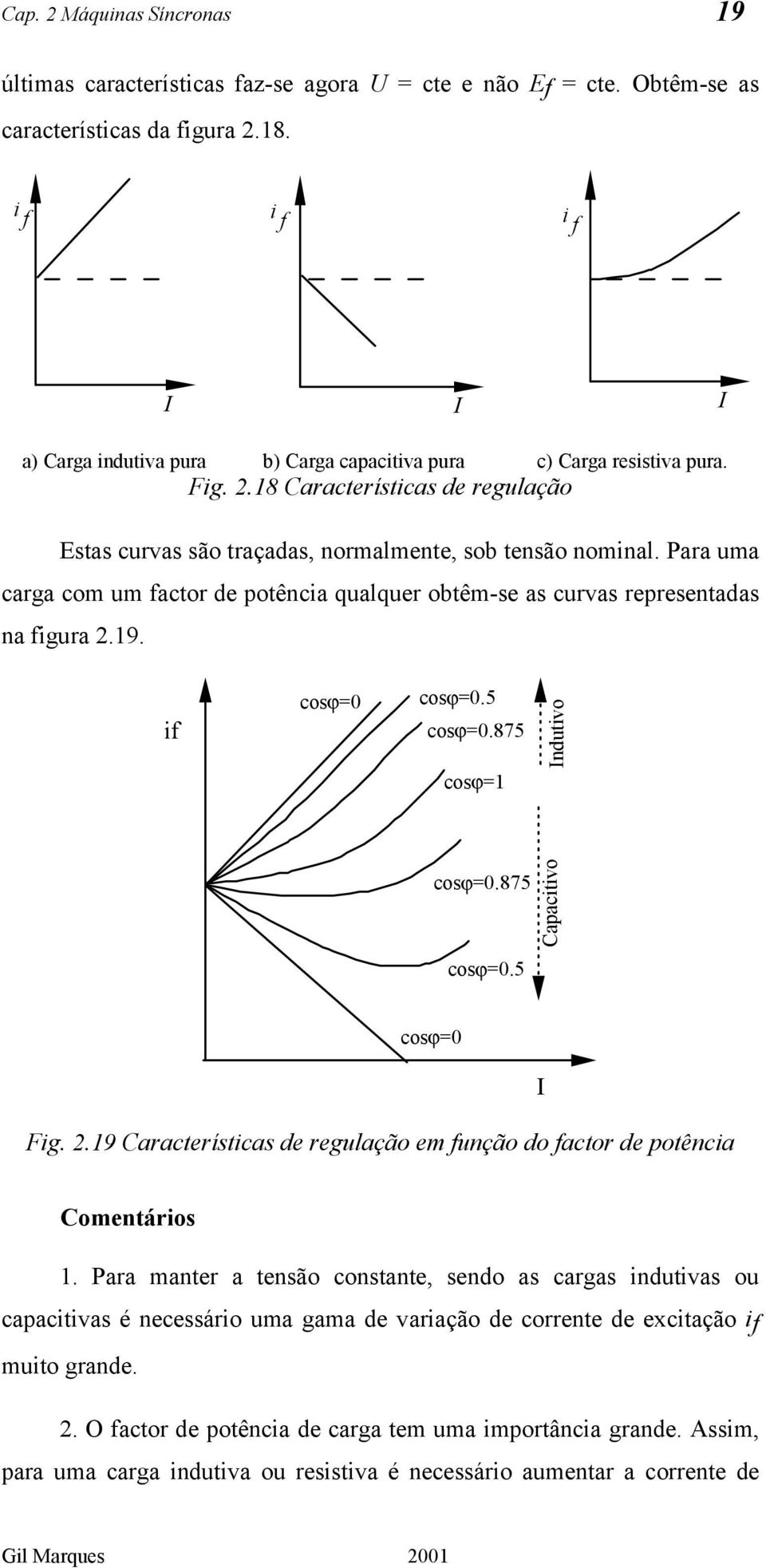 Para uma carga com um factor de potência qualquer obtêm-se as curvas representadas na figura 2.19. if cosϕ=0 cosϕ=0.5 cosϕ=0.875 cosϕ=1 ndutivo cosϕ=0.875 cosϕ=0.5 Capacitivo cosϕ=0 Fig. 2.19 Características de regulação em função do factor de potência Comentários 1.