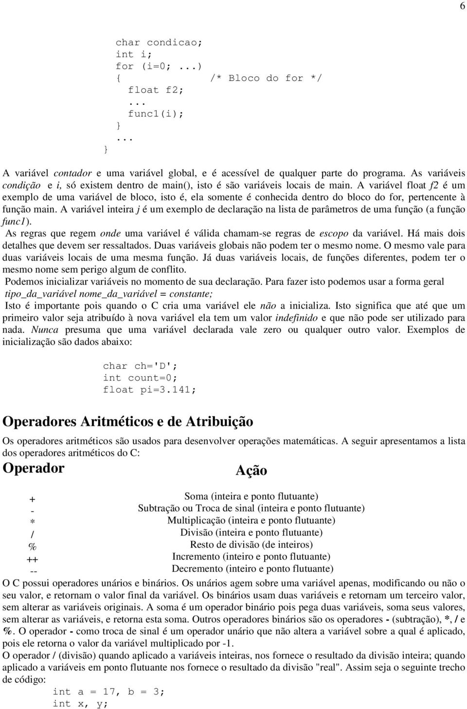 A variável float f2 é um exemplo de uma variável de bloco, isto é, ela somente é conhecida dentro do bloco do for, pertencente à função main.