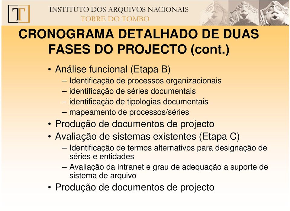 de tipologias documentais mapeamento de processos/séries Produção de documentos de projecto Avaliação de sistemas