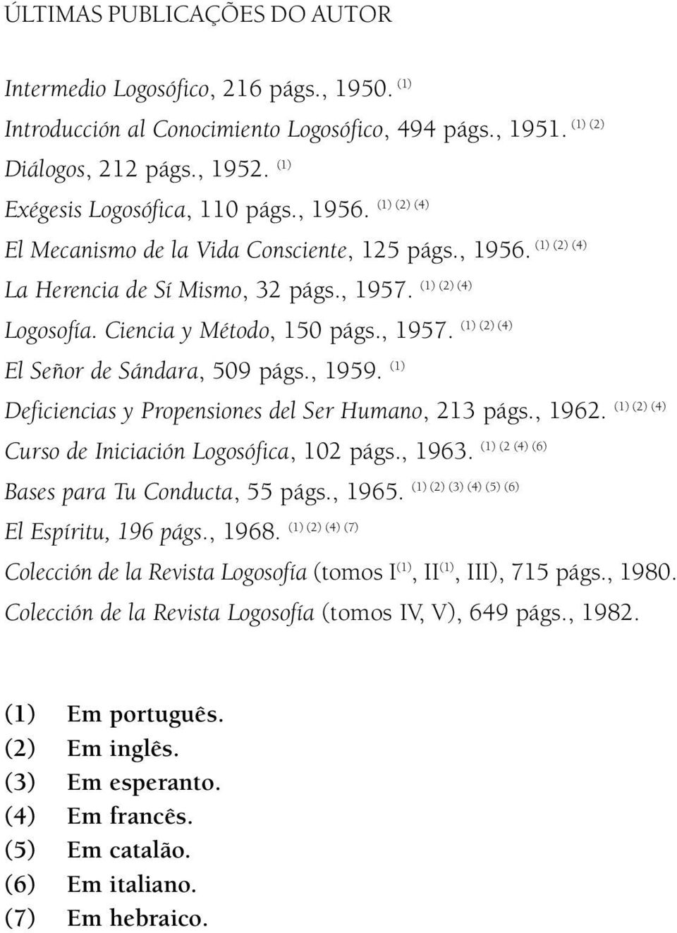 , 1959. (1) (1) (2) (4) Deficiencias y Propensiones del Ser Humano, 213 págs., 1962. Curso de Iniciación Logosófica, 102 págs., 1963. Bases para Tu Conducta, 55 págs., 1965. El Espíritu, 196 págs.