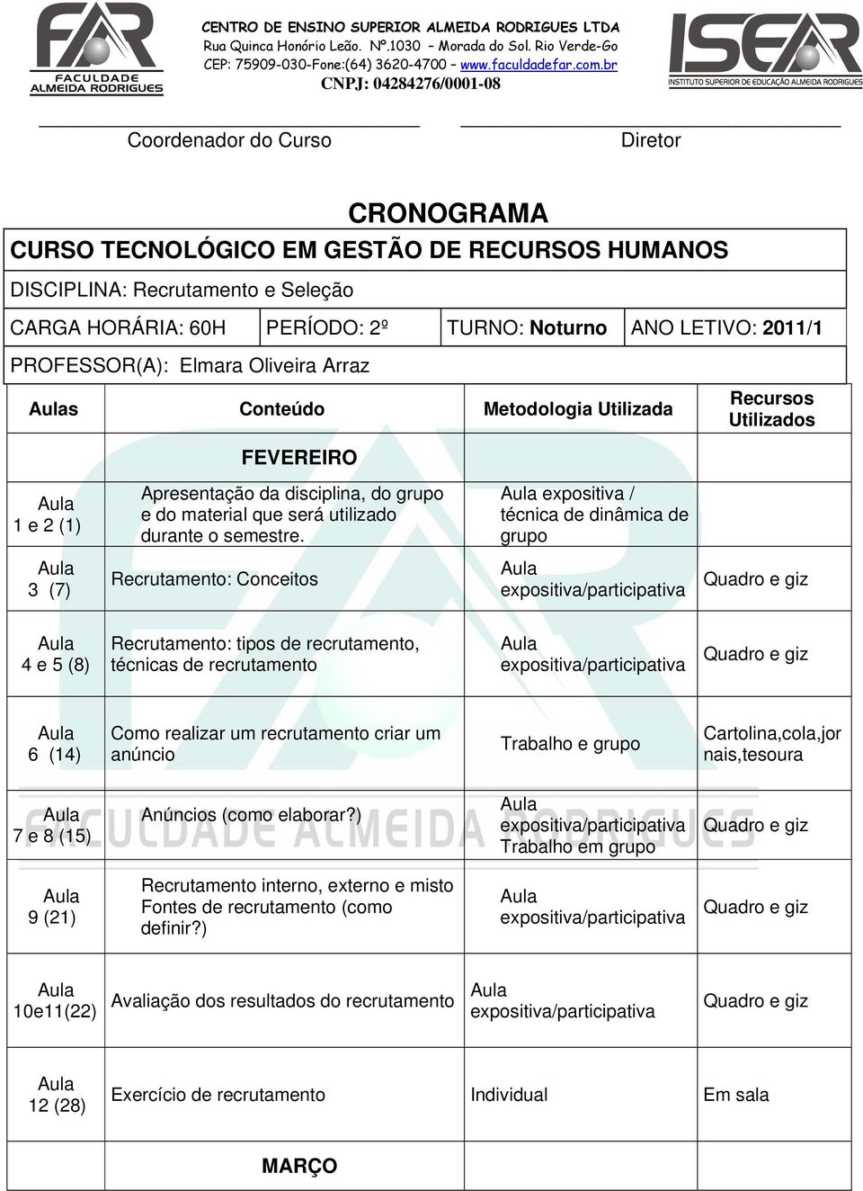 expositiva / técnica de dinâmica de grupo 3 (7) Recrutamento: Conceitos 4 e 5 (8) Recrutamento: tipos de recrutamento, técnicas de recrutamento 6 (14) Como realizar um recrutamento criar um anúncio