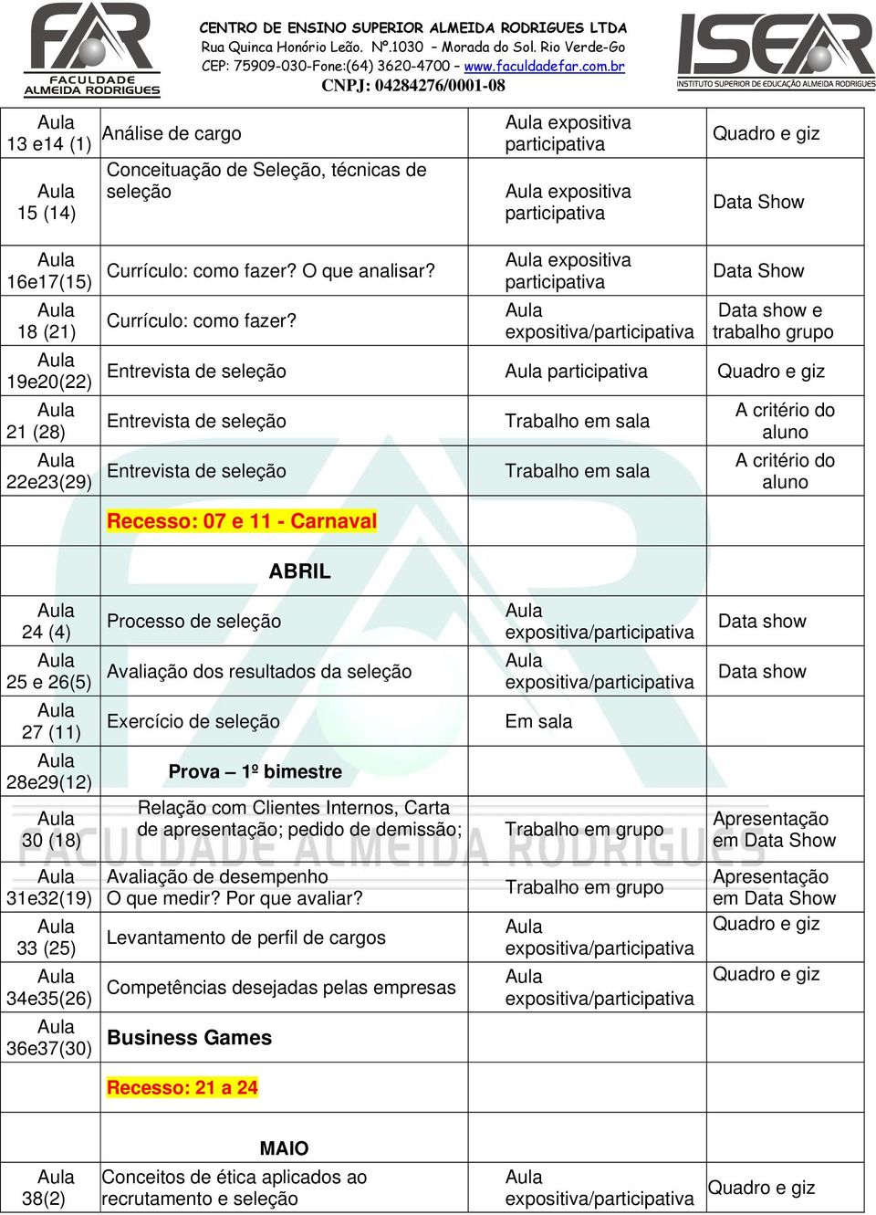 expositiva participativa Data Show Data show e trabalho grupo Entrevista de seleção participativa Entrevista de seleção Trabalho em sala A critério do aluno 22e23(29) Entrevista de seleção Trabalho