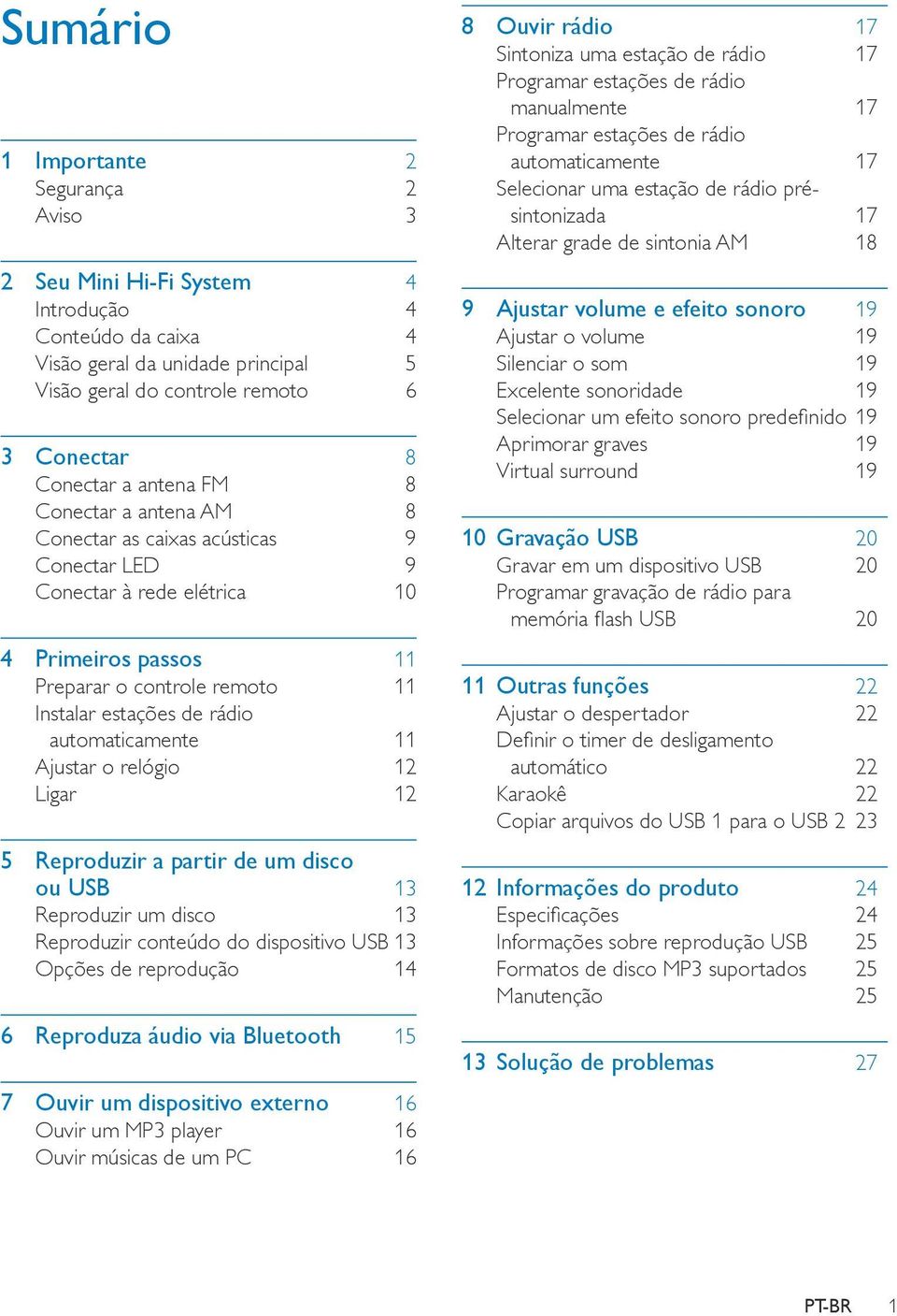 automaticamente 11 Ajustar o relógio 12 Ligar 12 5 Reproduzir a partir de um disco ou USB 13 Reproduzir um disco 13 Reproduzir conteúdo do dispositivo USB 13 Opções de reprodução 14 6 Reproduza áudio