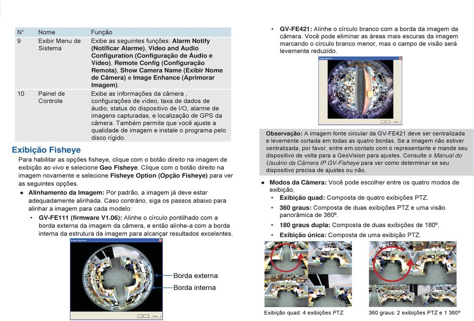 Exibe as informações da câmera, configurações de vídeo, taxa de dados de áudio, status do dispositivo de I/O, alarme de imagens capturadas, e localização de GPS da câmera.