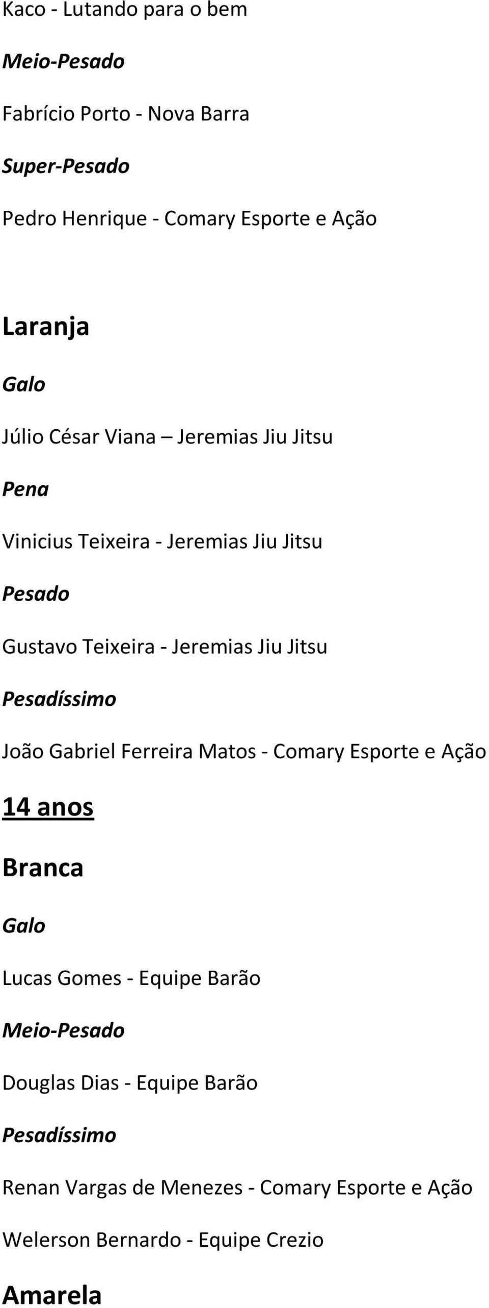 - Jeremias Jiu Jitsu João Gabriel Ferreira Matos - Comary Esporte e Ação 14 anos Galo Lucas Gomes - Equipe