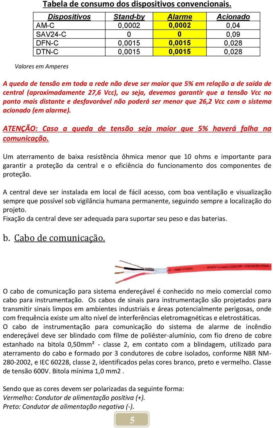 maior que 5% em relação a de saída de central (aproximadamente 27,6 Vcc), ou seja, devemos garantir que a tensão Vcc no ponto mais distante e desfavorável não poderá ser menor que 26,2 Vcc com o