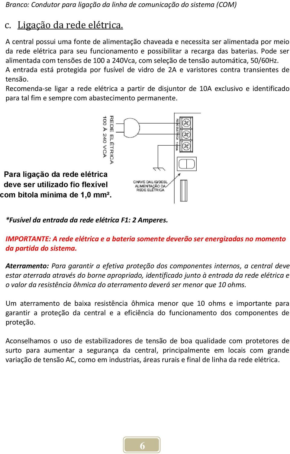 Pode ser alimentada com tensões de 100 a 240Vca, com seleção de tensão automática, 50/60Hz. A entrada está protegida por fusível de vidro de 2A e varistores contra transientes de tensão.