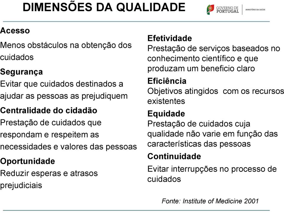 Prestação de serviços baseados no conhecimento científico e que produzam um beneficio claro Eficiência Objetivos atingidos com os recursos existentes Equidade