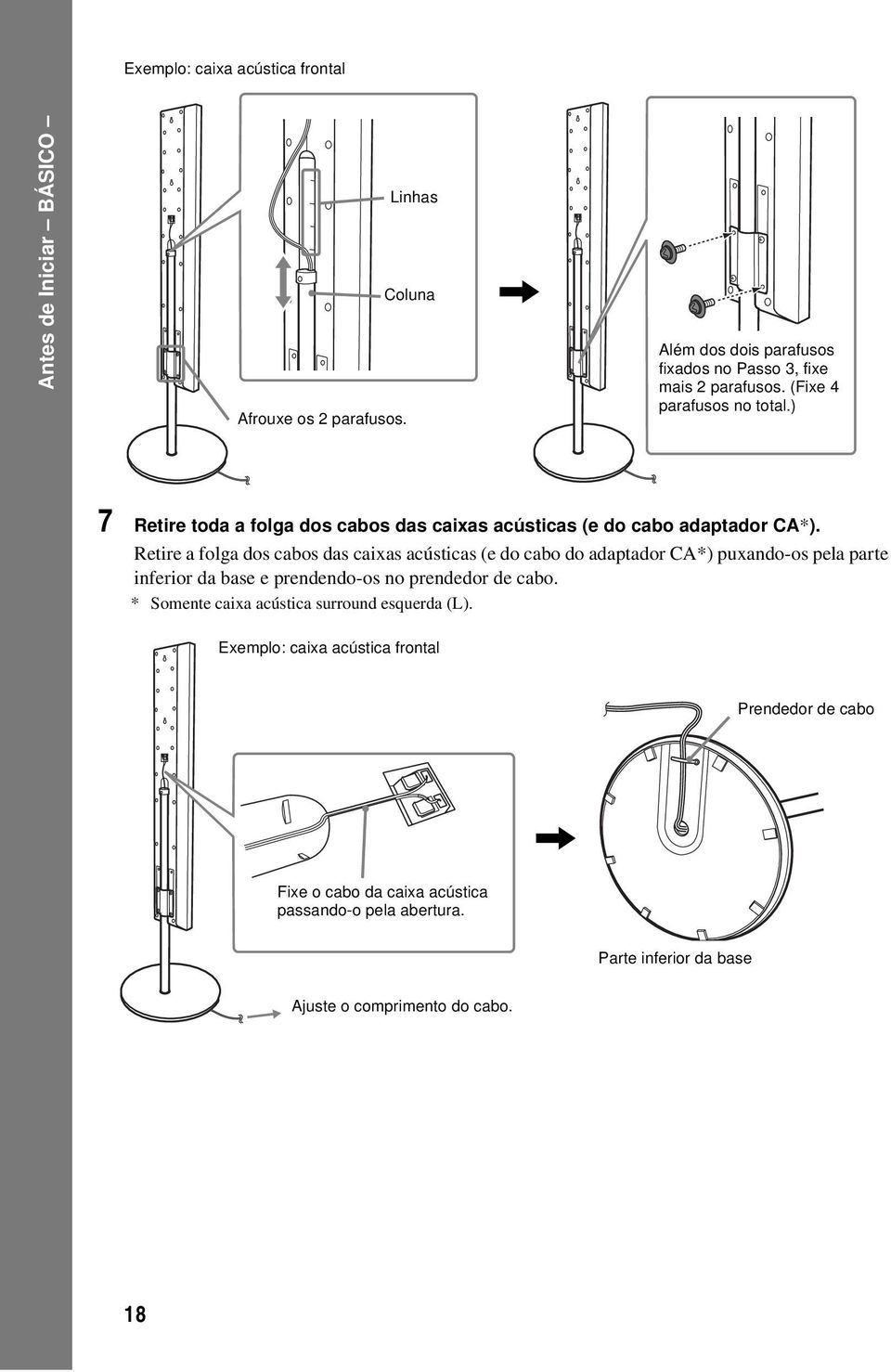 ) 7 Retire toda a folga dos cabos das caixas acústicas (e do cabo adaptador CA*).