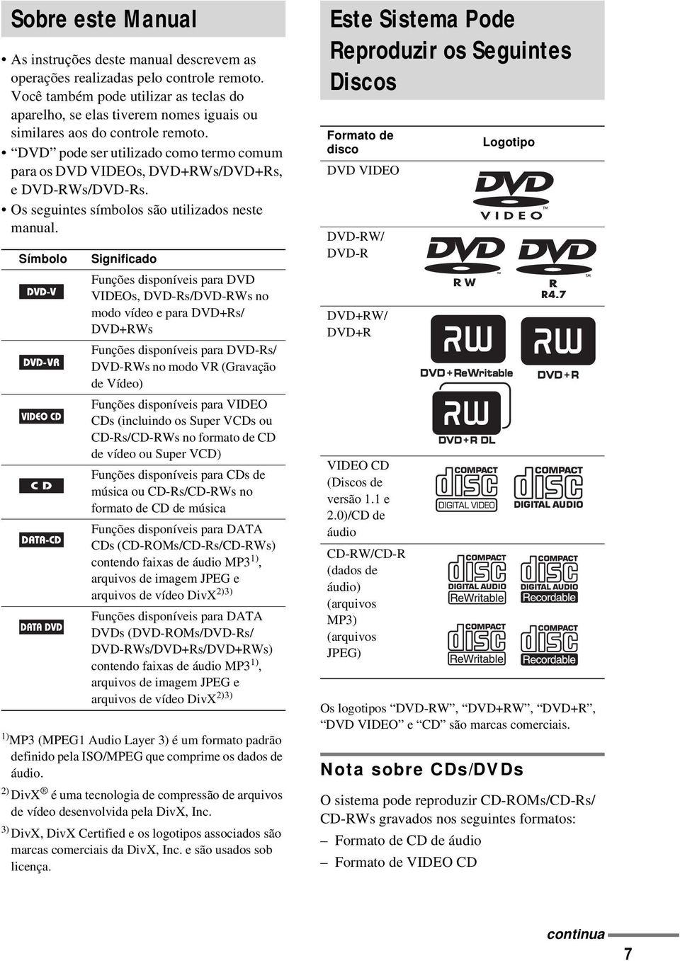 DVD pode ser utilizado como termo comum para os DVD VIDEOs, DVD+RWs/DVD+Rs, e DVD-RWs/DVD-Rs. Os seguintes símbolos são utilizados neste manual.