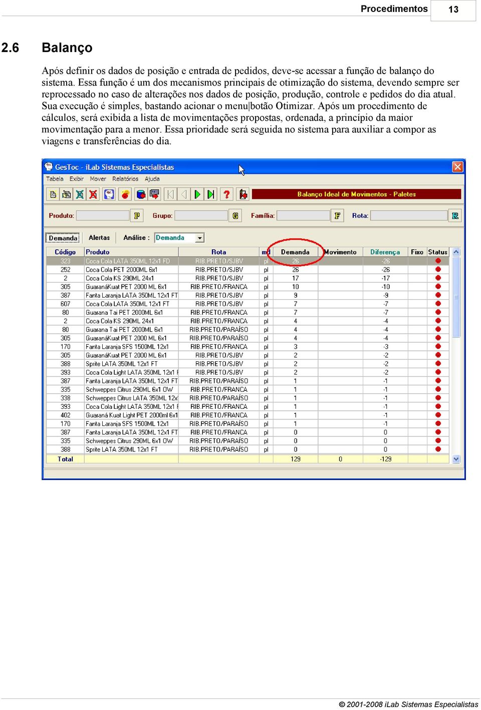 produção, controle e pedidos do dia atual. Sua execução é simples, bastando acionar o menu botão Otimizar.