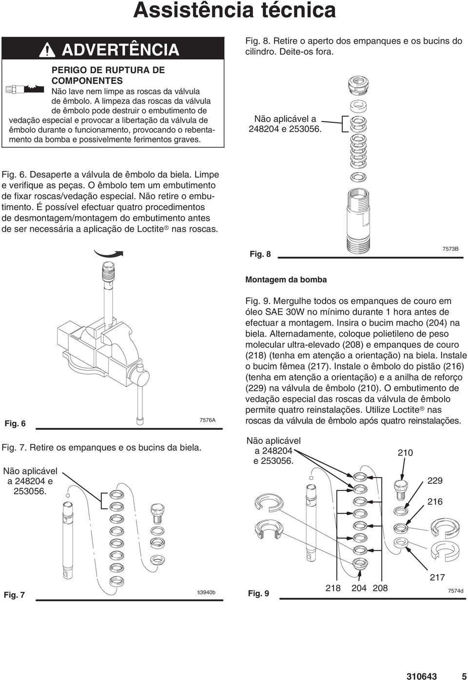 possivelmente ferimentos graves. Fig. 8. Retire o aperto dos empanques e os bucins do cilindro. Deite-os fora. Não aplicável a 248204 e 253056. Fig. 6. Desaperte a válvula de êmbolo da biela.