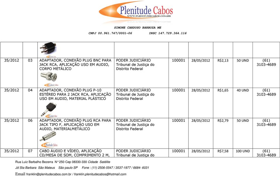 R$1,65 40 UND (61) 35/2012 06 ADAPTADOR, CONEXÃO PLUG RCA PARA JACK TIPO F, APLICAÇÃO USO EM AUDIO, MATERIALMETÁLICO 100001