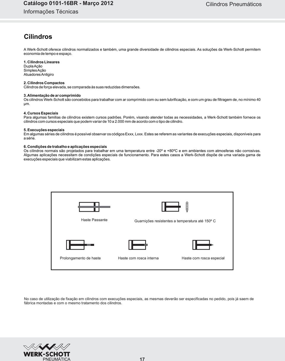 Alimentação de ar comprimido Os cilindros WerkSchott são concebidos para trabalhar com ar comprimido com ou sem lubrificação, e com um grau de filtragem de, no mínimo µm. 4.