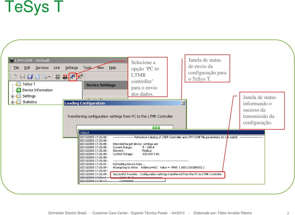 Janela de status de envio da configuração para o