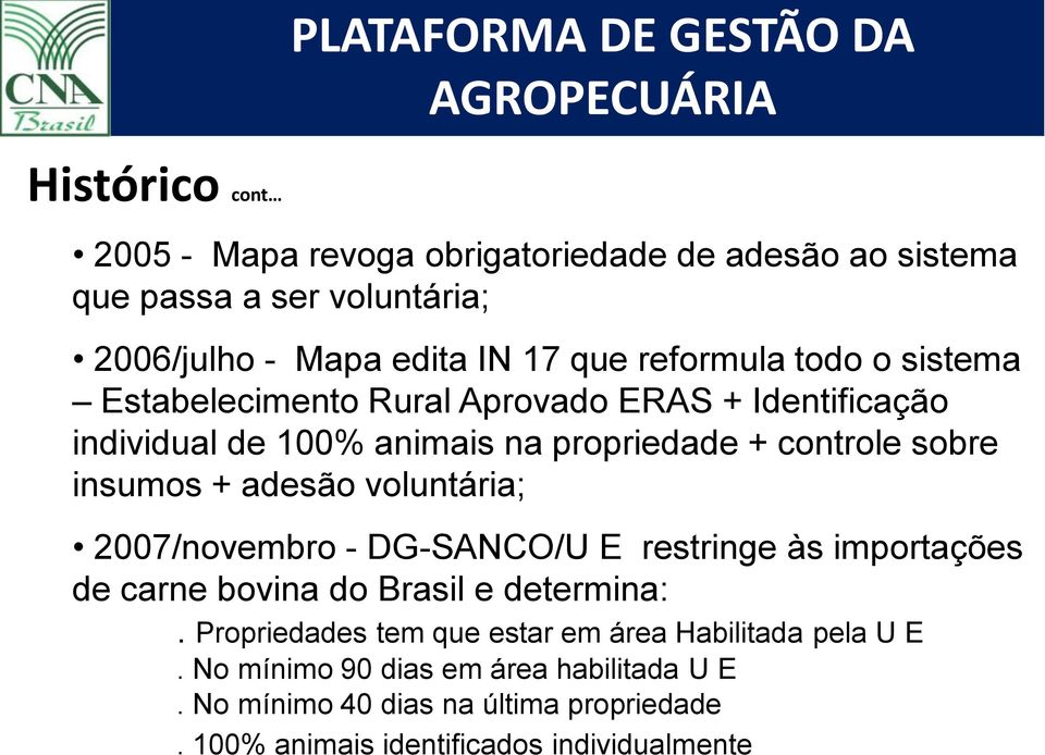 voluntária; 2007/novembro - DG-SANCO/U E restringe às importações de carne bovina do Brasil e determina:.