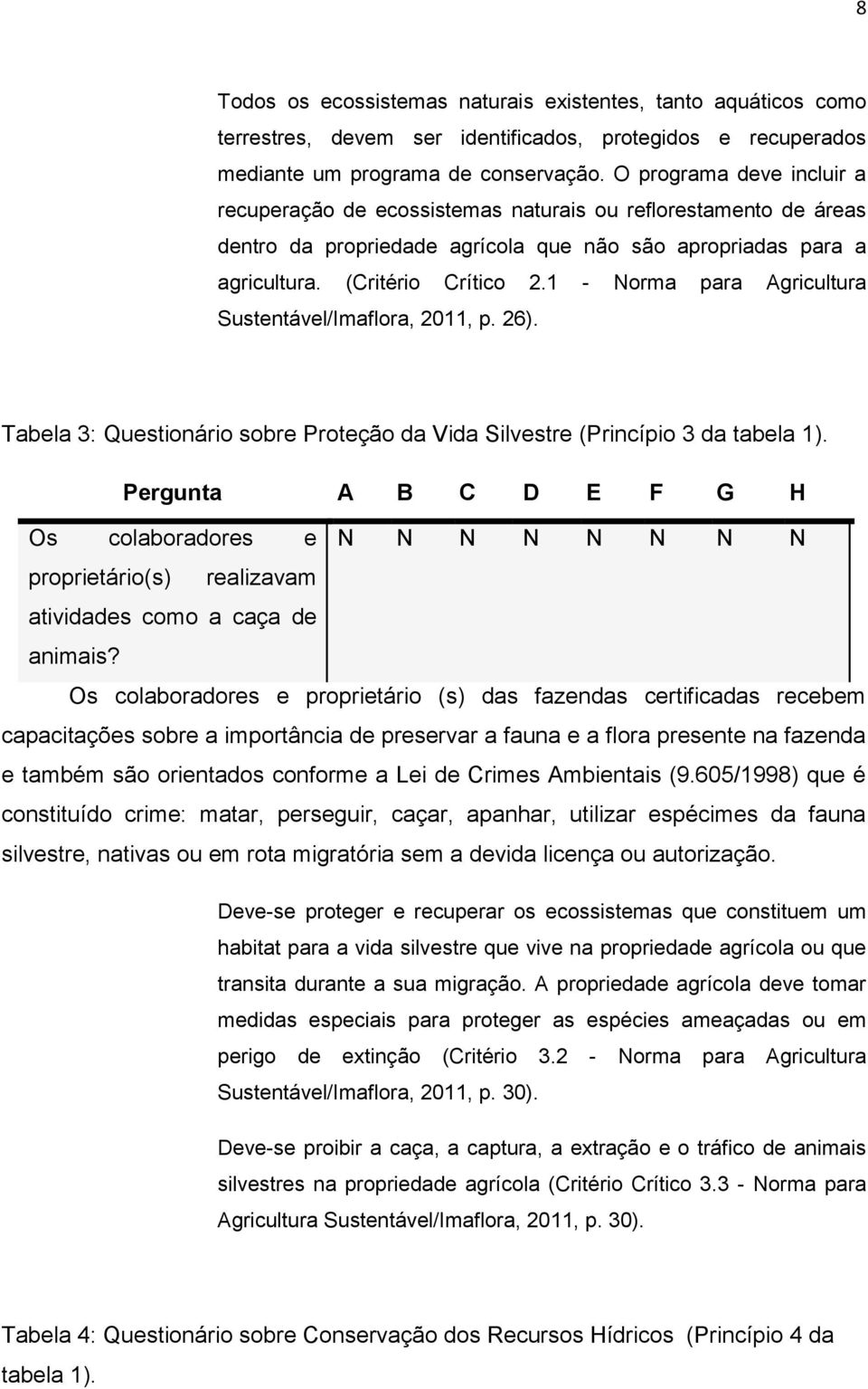 1 - Norma para Agricultura Sustentável/Imaflora, 2011, p. 26). Tabela 3: Questionário sobre Proteção da Vida Silvestre (Princípio 3 da tabela 1).