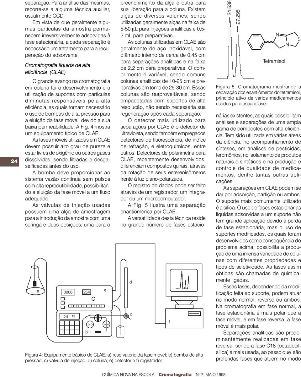 Cromatografia líquida de alta eficiência (CLAE) O grande avanço na cromatografia em coluna foi o desenvolvimento e a utilização de suportes com partículas diminutas responsáveis pela alta eficiência,