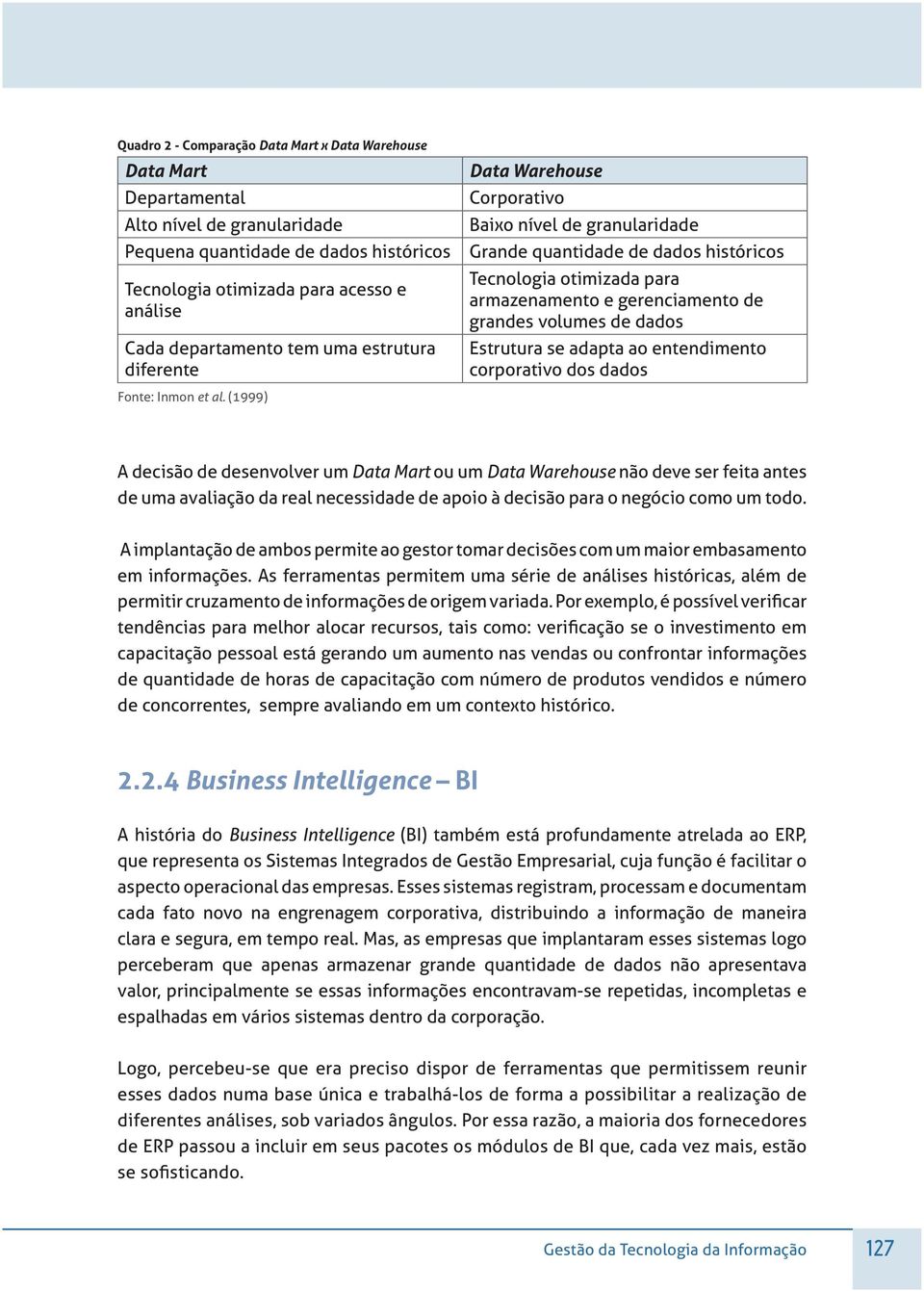 grandes volumes de dados Estrutura se adapta ao entendimento corporativo dos dados Fonte: Inmon et al.