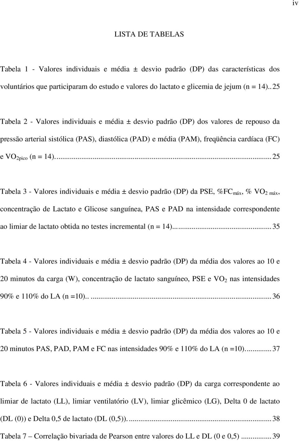 ..25 Tabela 3 - Valores individuais e média ± desvio padrão (DP) da PSE, %FC máx, % VO 2 máx, concentração de Lactato e Glicose sanguínea, PAS e PAD na intensidade correspondente ao limiar de lactato