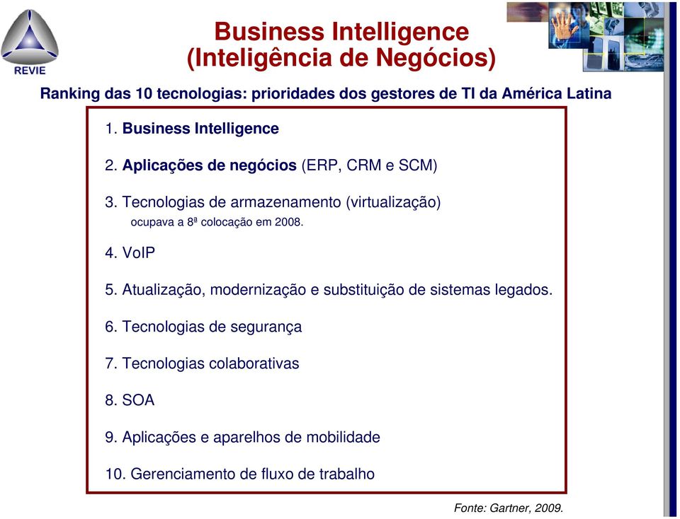 VoIP ocupava a 8ª colocação em 2008. 5. Atualização, modernização e substituição de sistemas legados. 6.