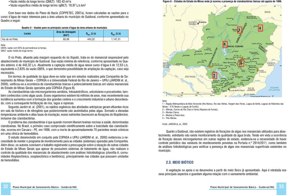 Com base nos dados do Plano de Bacia (COPPETEC, 2007a), foram calculadas as vazões para o curso d água de maior interesse para a área urbana do município de Guidoval, conforme apresentado no Quadro a