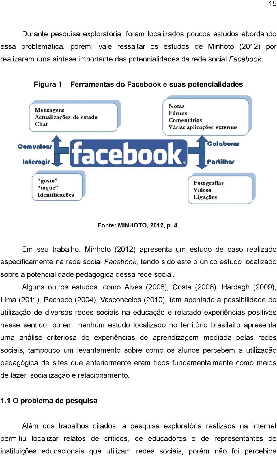 Em seu trabalho, Minhoto (2012) apresenta um estudo de caso realizado especificamente na rede social Facebook, tendo sido este o único estudo localizado sobre a potencialidade pedagógica dessa rede