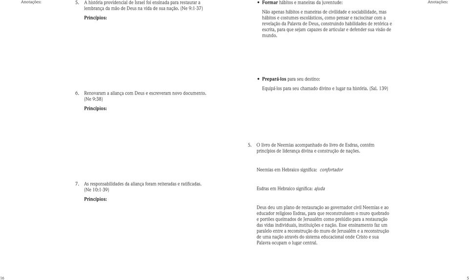 Palavra de Deus, construindo habilidades de retórica e escrita, para que sejam capazes de articular e defender sua visão de mundo. Anotações: Prepará-los para seu destino: 6.