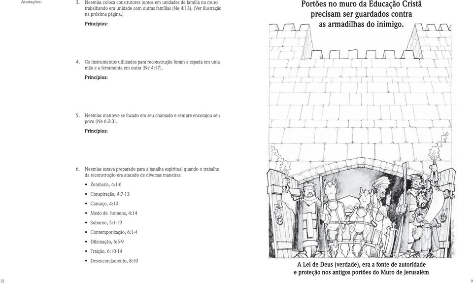 Os instrumentos utilizados para reconstrução foram a espada em uma mão e a ferramenta em outra (Ne 4:17). 5. Neemias manteve se focado em seu chamado e sempre encorajou seu povo (Ne 6: