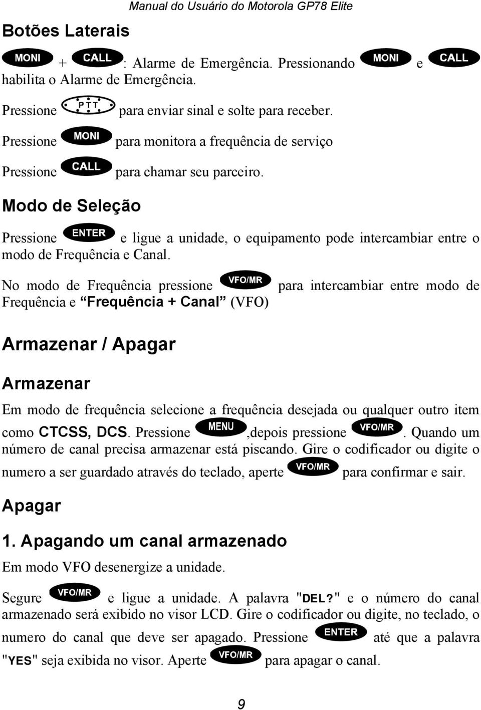 No modo de Frequência pressione Frequência e Frequência + Canal (VFO) para intercambiar entre modo de Armazenar / Apagar Armazenar Em modo de frequência selecione a frequência desejada ou qualquer