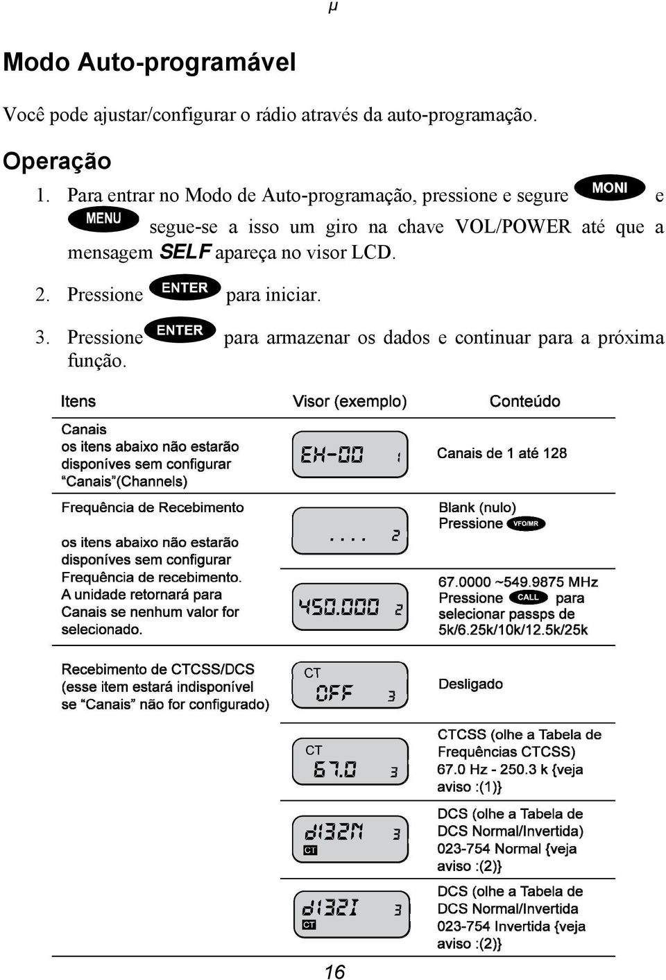 Para entrar no Modo de Auto-programação, pressione e segure e segue-se a isso um giro na