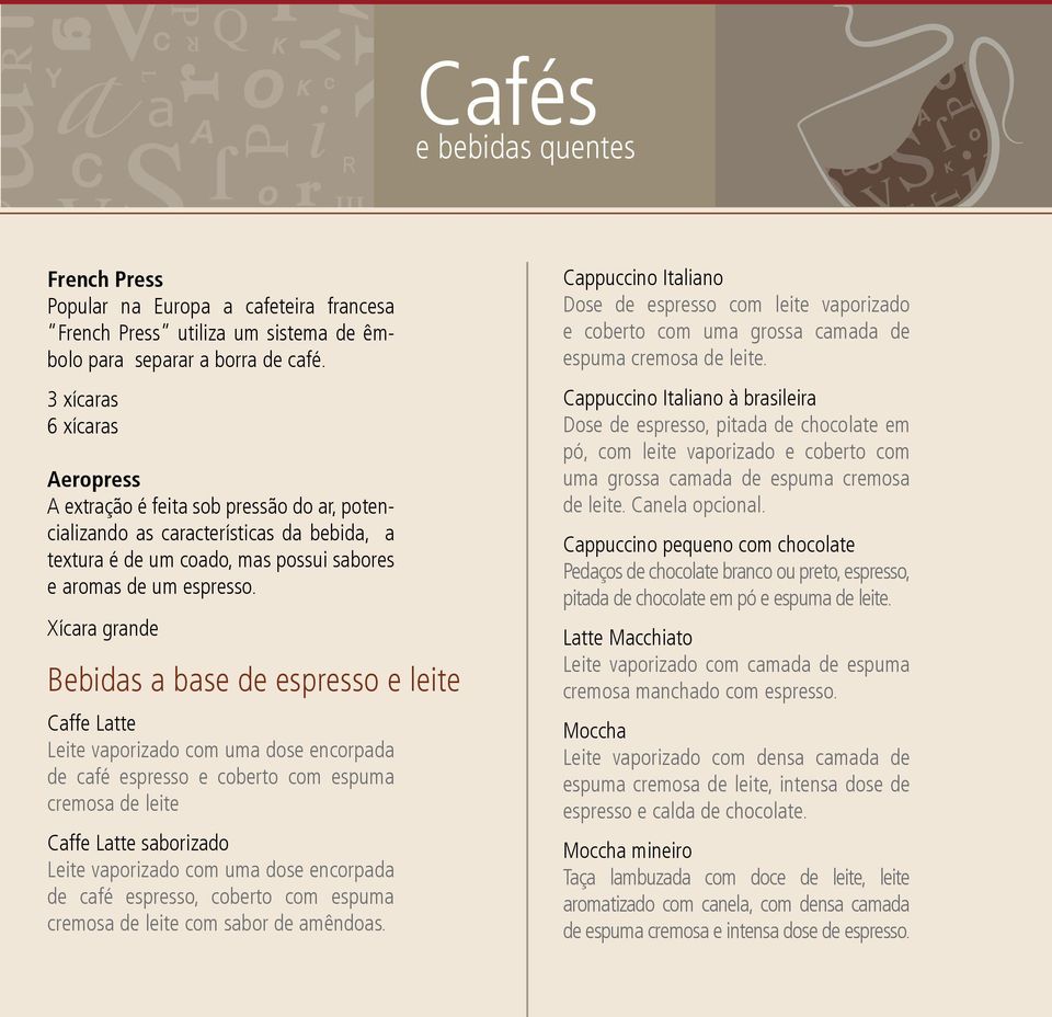 Xícara grande Bebidas a base de espresso e leite Caffe Latte Leite vaporizado com uma dose encorpada de café espresso e coberto com espuma cremosa de leite Caffe Latte saborizado Leite vaporizado com