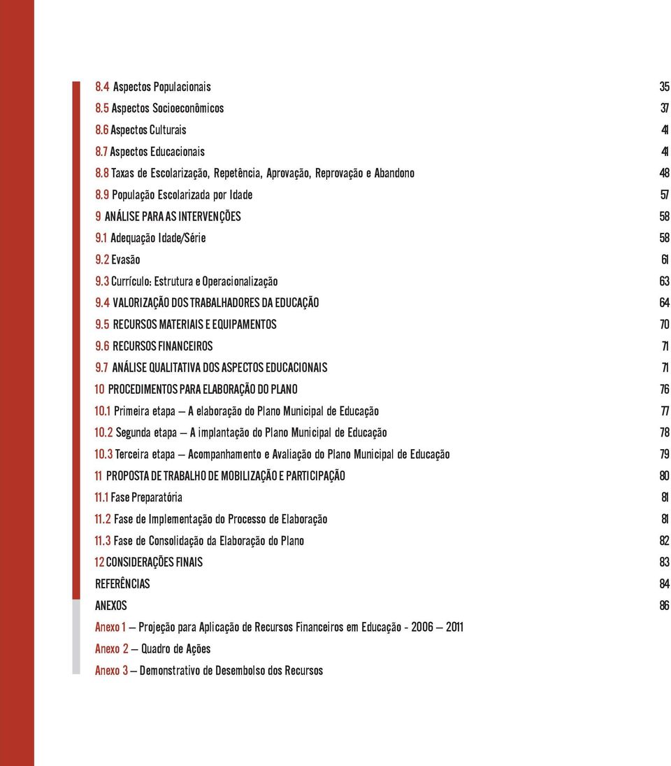 5 RECURSOS MATERIAIS E EQUIPAMENTOS 9.6 RECURSOS FINANCEIROS 9.7 ANÁLISE QUALITATIVA DOS ASPECTOS EDUCACIONAIS 10 PROCEDIMENTOS PARA ELABORAÇÃO DO PLANO 10.