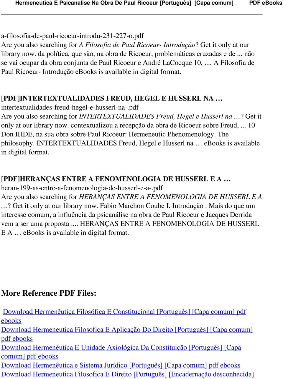 .. A Filosofia de Paul Ricoeur- Introdução ebooks is [PDF]INTERTEXTUALIDADES FREUD, HEGEL E HUSSERL NA intertextualidades-freud-hegel-e-husserl-na-.