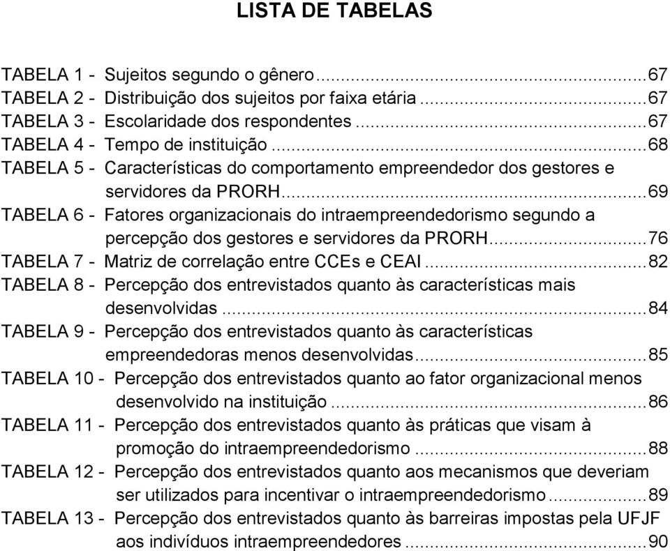 .. 69 TABELA 6 - Fatores organizacionais do intraempreendedorismo segundo a percepção dos gestores e servidores da PRORH... 76 TABELA 7 - Matriz de correlação entre CCEs e CEAI.