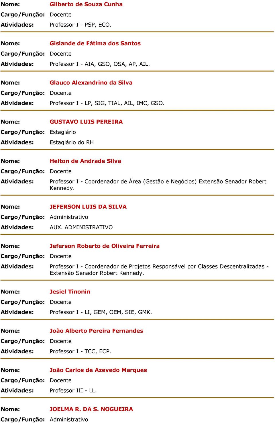 Nome: GUSTAVO LUIS PEREIRA Cargo/Função: Estagiário Atividades: Estagiário do RH Nome: Atividades: Helton de Andrade Silva Professor I - Coordenador de Área (Gestão e Negócios) Extensão Senador