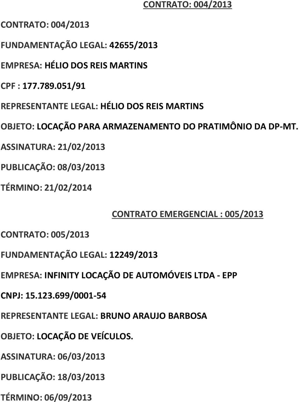 ASSINATURA: 21/02/2013 PUBLICAÇÃO: 08/03/2013 TÉRMINO: 21/02/2014 CONTRATO EMERGENCIAL : 005/2013 CONTRATO: 005/2013 FUNDAMENTAÇÃO LEGAL: