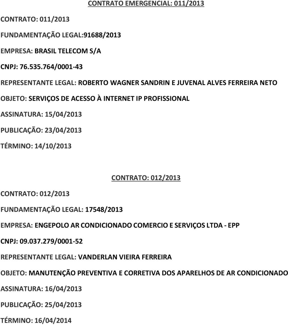 PUBLICAÇÃO: 23/04/2013 TÉRMINO: 14/10/2013 CONTRATO: 012/2013 CONTRATO: 012/2013 FUNDAMENTAÇÃO LEGAL: 17548/2013 EMPRESA: ENGEPOLO AR CONDICIONADO COMERCIO E SERVIÇOS