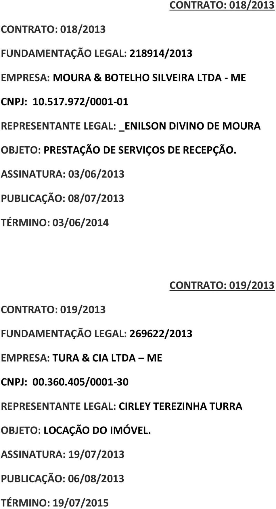 ASSINATURA: 03/06/2013 PUBLICAÇÃO: 08/07/2013 TÉRMINO: 03/06/2014 CONTRATO: 019/2013 CONTRATO: 019/2013 FUNDAMENTAÇÃO LEGAL: 269622/2013