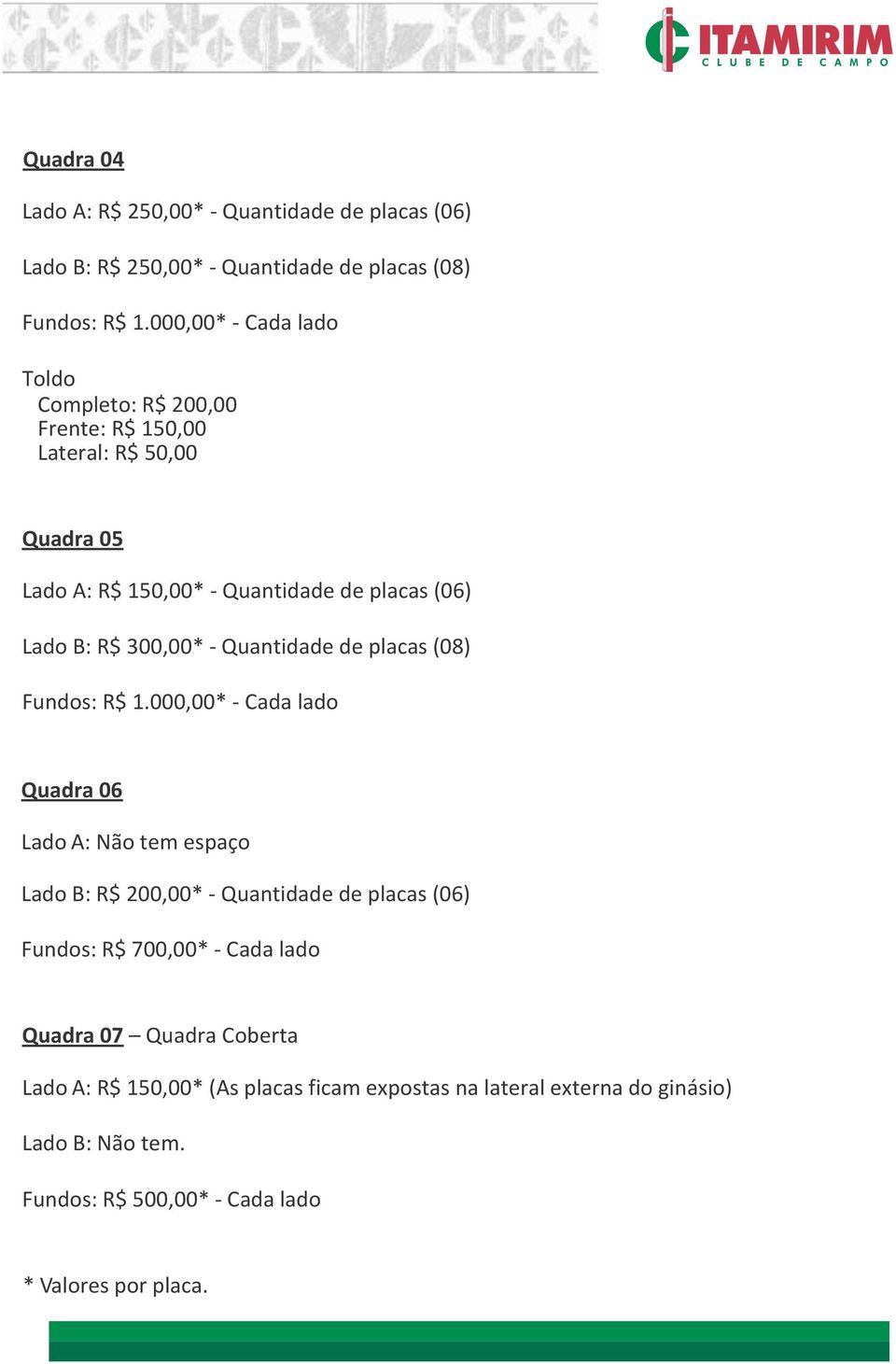 300,00* - Quantidade de placas (08) Fundos: R$ 1.