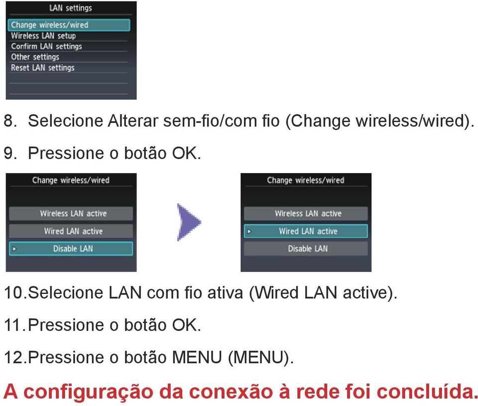 Selecione LAN com fi o ativa (Wired LAN active). 11.