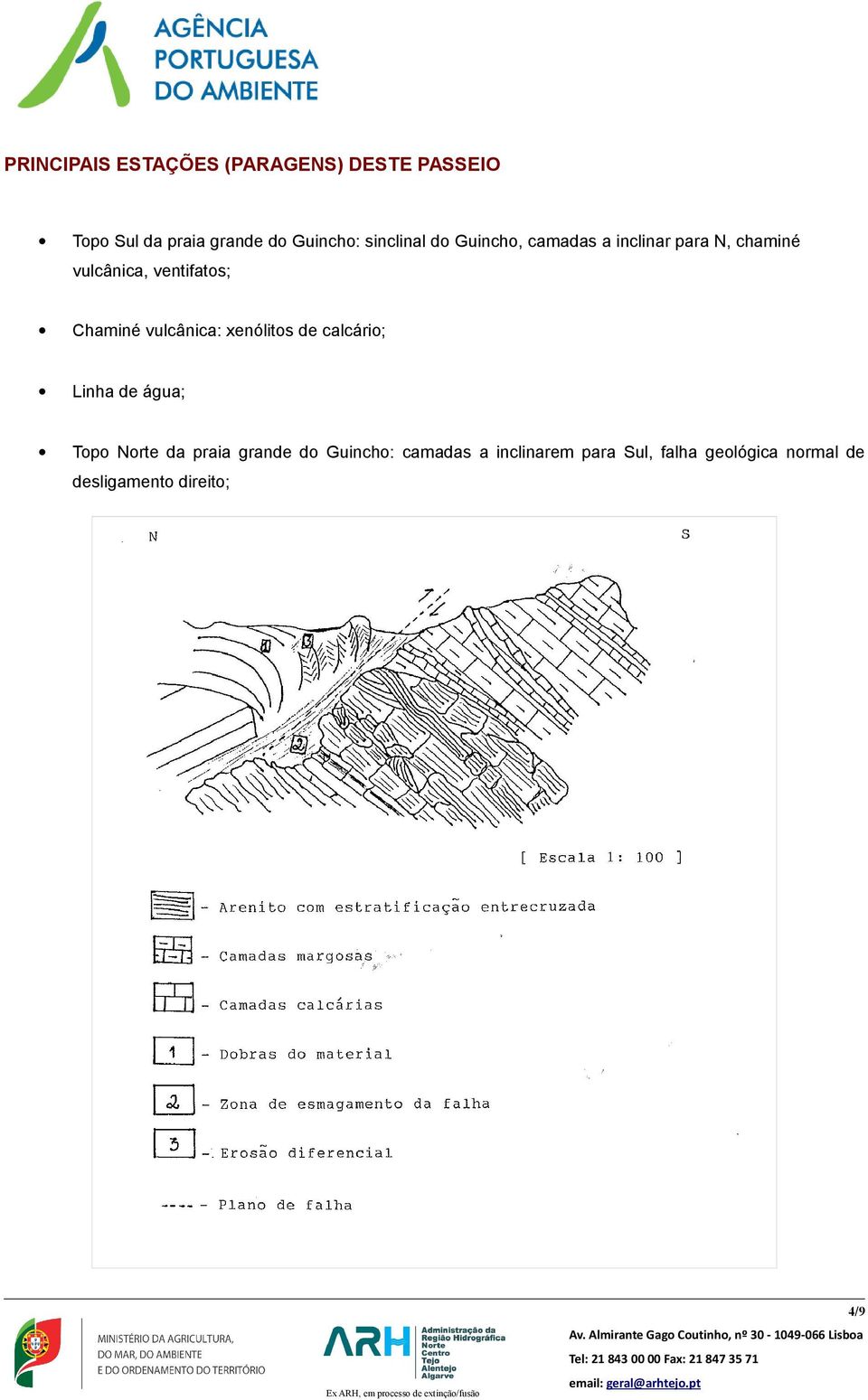 Chaminé vulcânica: xenólitos de calcário; Linha de água; Topo Norte da praia grande