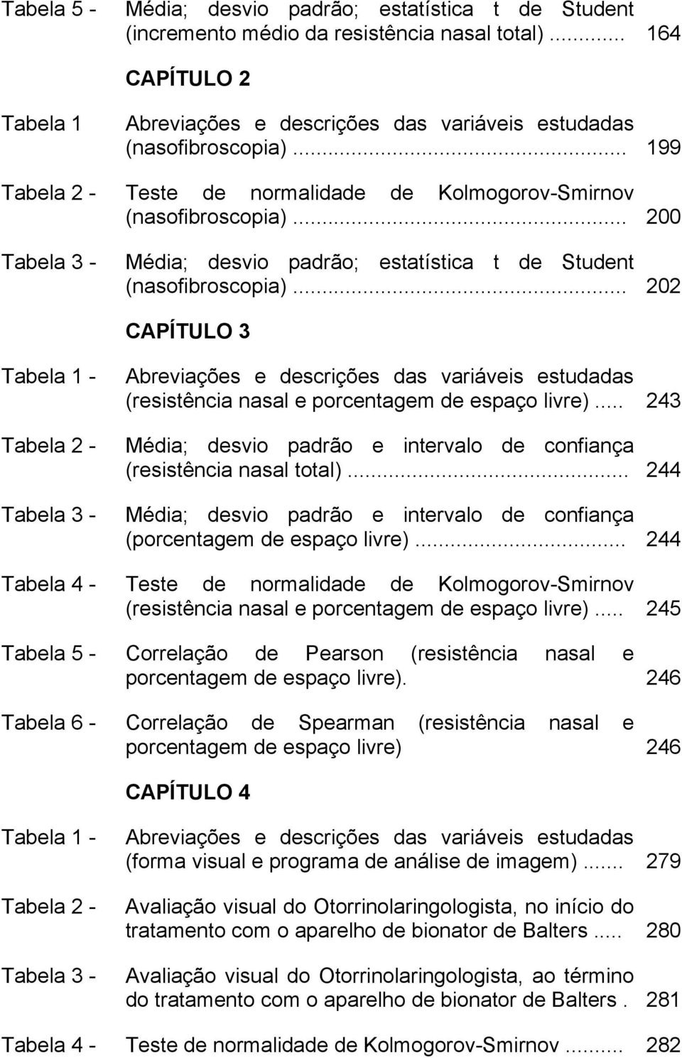 .. 202 CAPÍTULO 3 Tabela 1 - Tabela 2 - Tabela 3 - Abreviações e descrições das variáveis estudadas (resistência nasal e porcentagem de espaço livre).