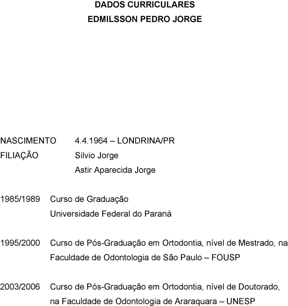 Federal do Paraná 1995/2000 Curso de Pós-Graduação em Ortodontia, nível de Mestrado, na Faculdade de