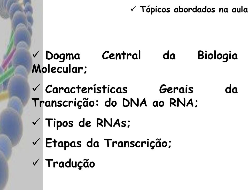 Gerais da Transcrição: do DNA ao RNA;