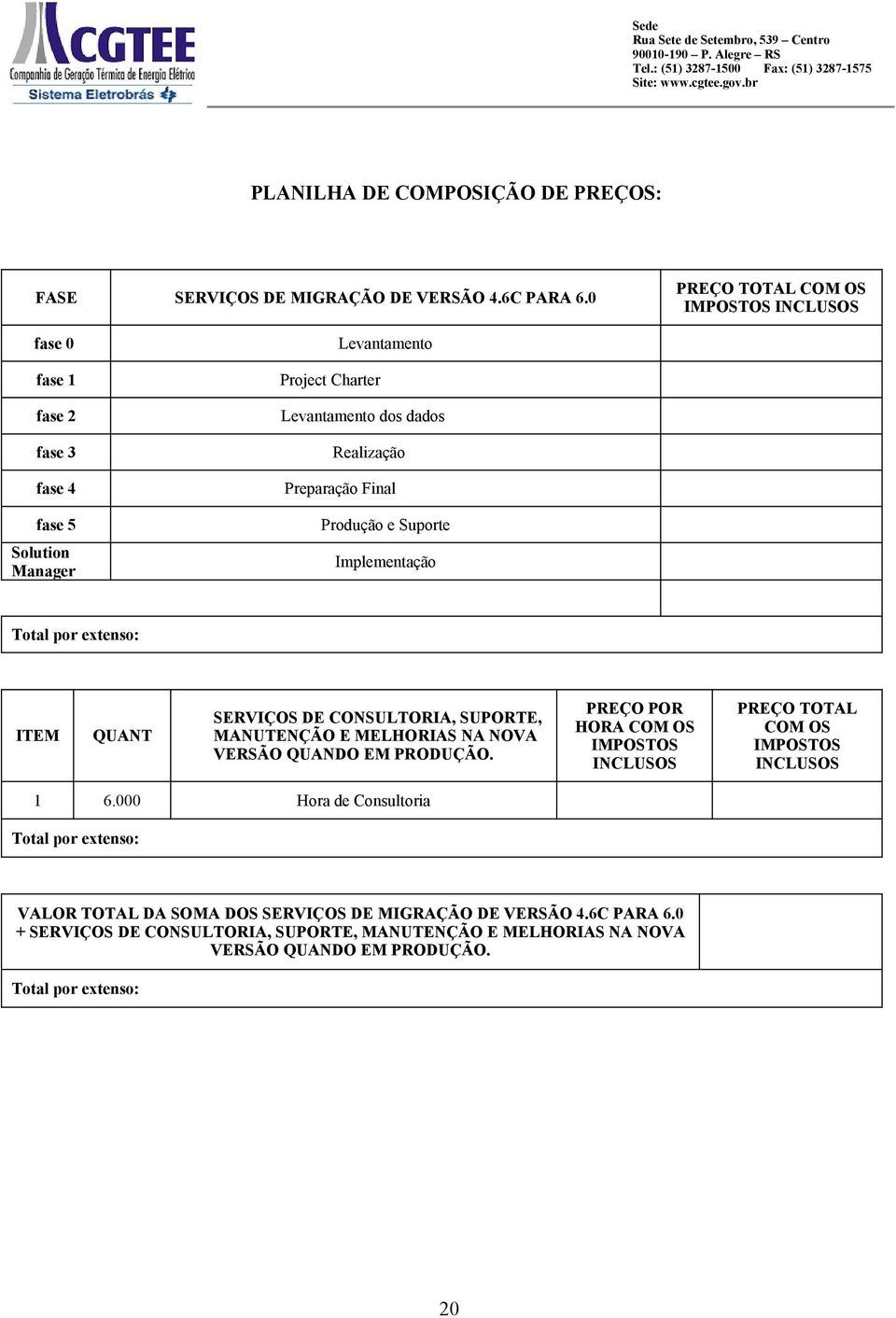 Produção e Suporte Implementação Total por extenso: ITEM QUANT SERVIÇOS DE CONSULTORIA, SUPORTE, MANUTENÇÃO E MELHORIAS NA NOVA VERSÃO QUANDO EM PRODUÇÃO.