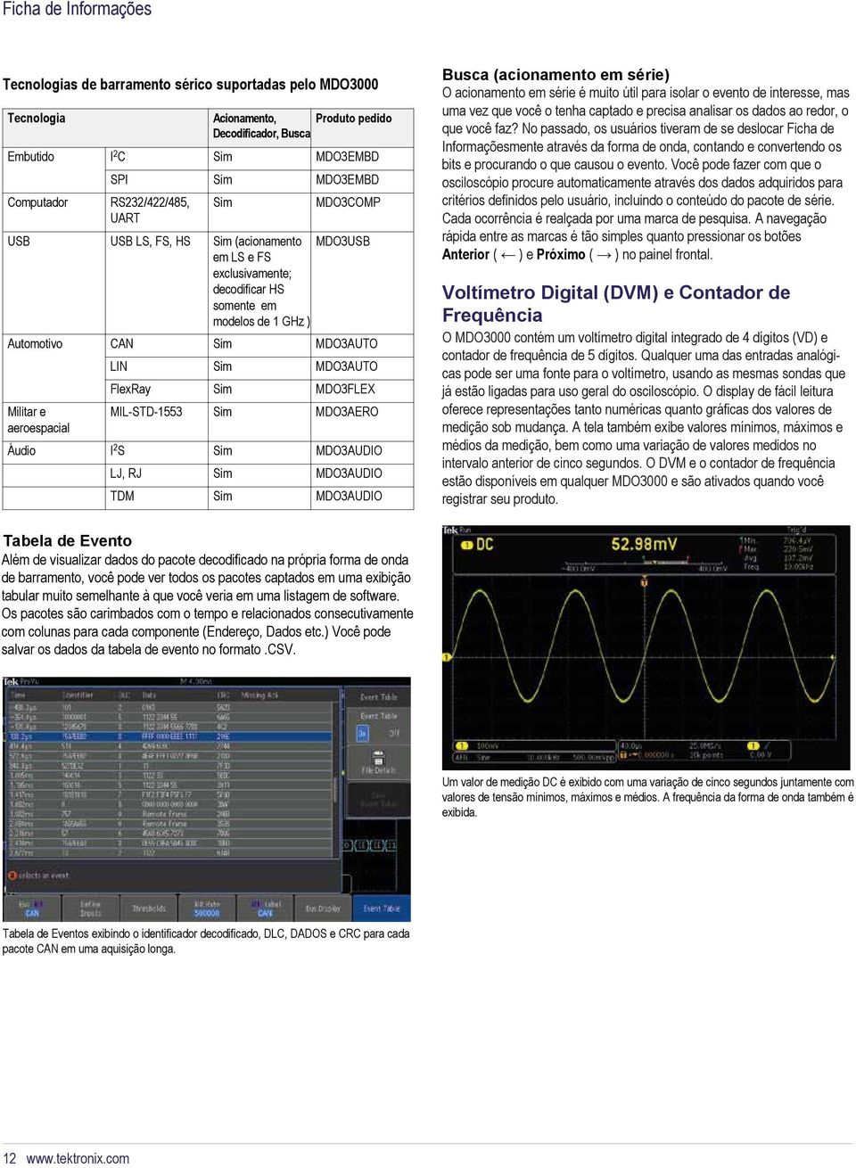 FlexRay Sim MDO3FLEX Militar e MIL-STD-1553 Sim MDO3AERO aeroespacial Áudio I 2 S Sim MDO3AUDIO LJ, RJ Sim MDO3AUDIO TDM Sim MDO3AUDIO Busca (acionamento em série) O acionamento em série é muito útil