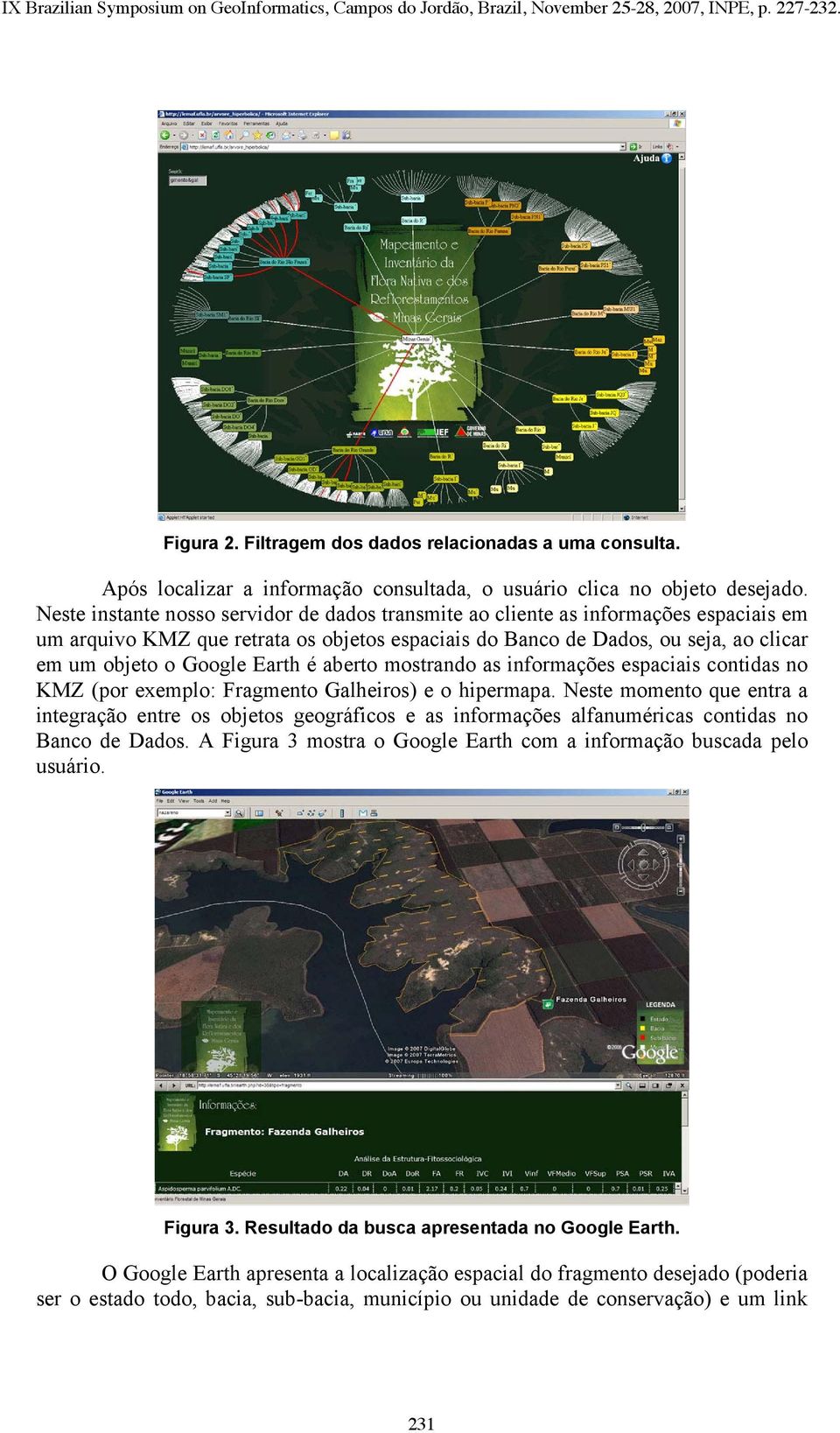 Earth é aberto mostrando as informações espaciais contidas no KMZ (por exemplo: Fragmento Galheiros) e o hipermapa.